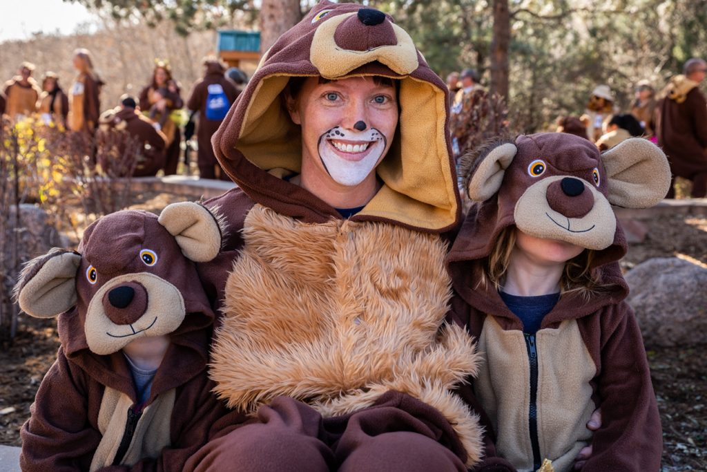 Mom and her two kids in bear costumes at Bear Creek Bear Run event photography