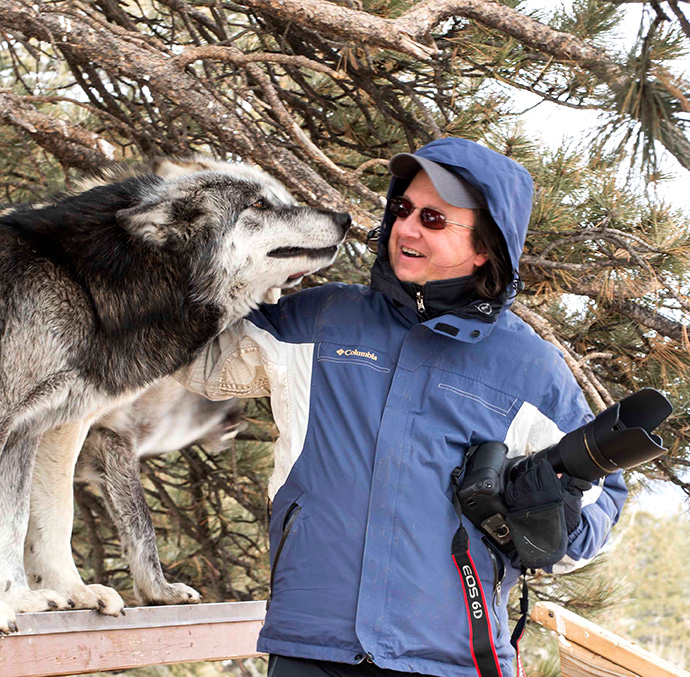 Mike Pach owner of 3 Peak photography & Design with a gray wolf
